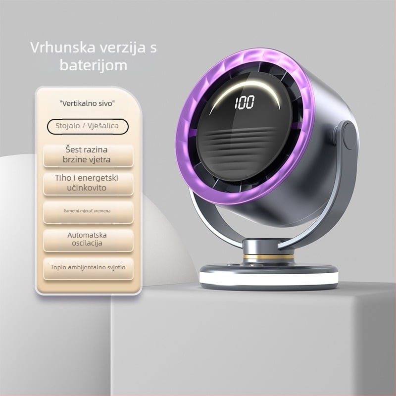 Ventilator bez lopatice s USB napajanjem, klips za pričvršćivanje, stolni ili zidni, prijenosni, s ugrađenom baterijom, 6 brzina