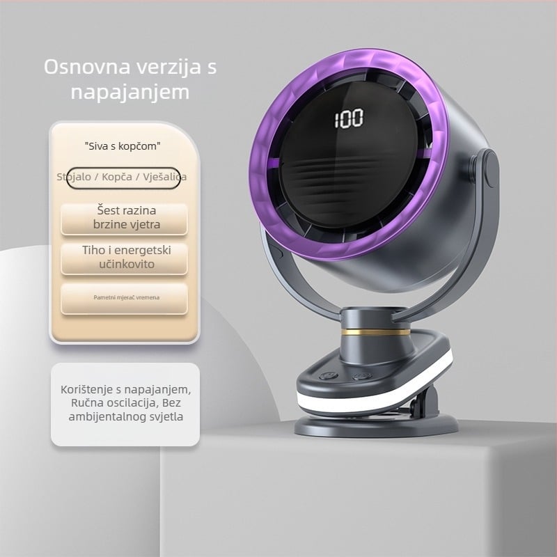 Ventilator bez lopatice s USB napajanjem, klips za pričvršćivanje, stolni ili zidni, prijenosni, s ugrađenom baterijom, 6 brzina