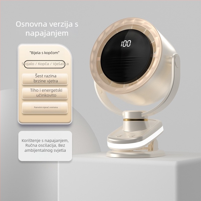 Ventilator bez lopatice s USB napajanjem, klips za pričvršćivanje, stolni ili zidni, prijenosni, s ugrađenom baterijom, 6 brzina