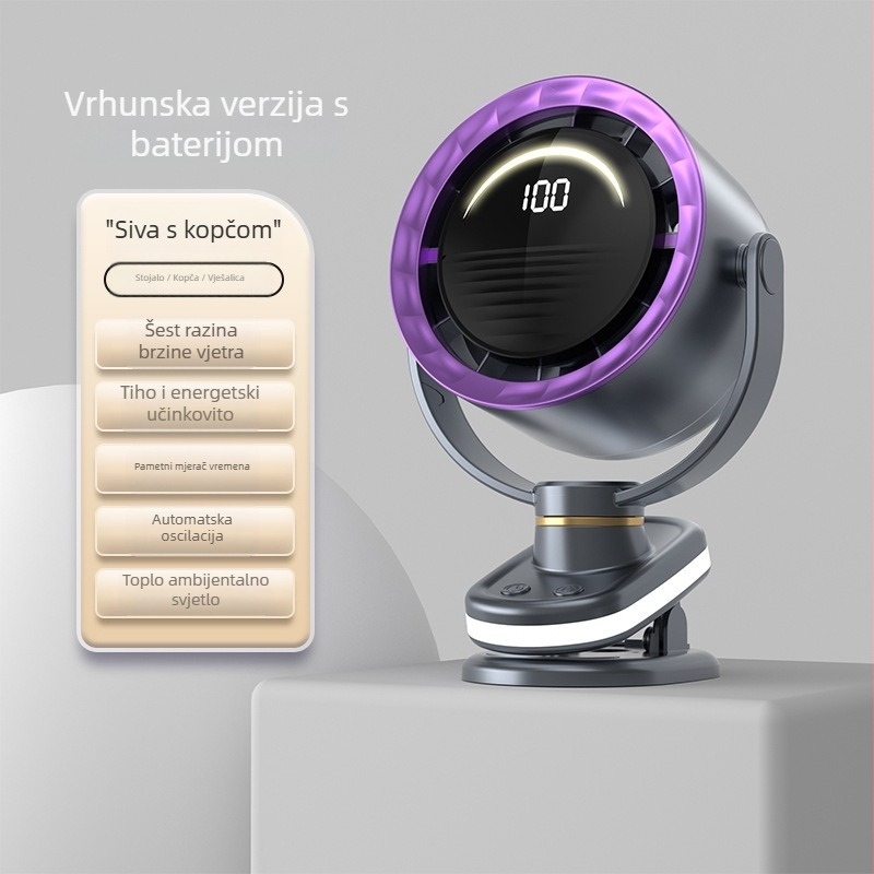 Ventilator bez lopatice s USB napajanjem, klips za pričvršćivanje, stolni ili zidni, prijenosni, s ugrađenom baterijom, 6 brzina