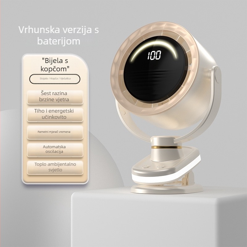 Ventilator bez lopatice s USB napajanjem, klips za pričvršćivanje, stolni ili zidni, prijenosni, s ugrađenom baterijom, 6 brzina