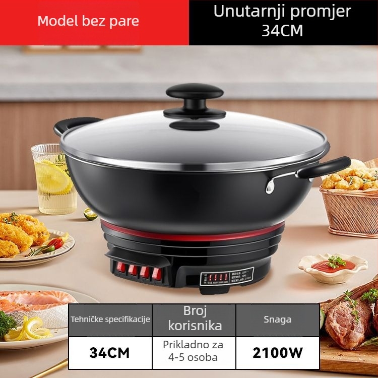 Električni wok s neprijanjajućim premazom, debeli lijevani lonac za kuhanje, kuhanje na paru i dinstanje u jednom