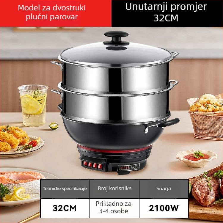 Električni wok s neprijanjajućim premazom, debeli lijevani lonac za kuhanje, kuhanje na paru i dinstanje u jednom