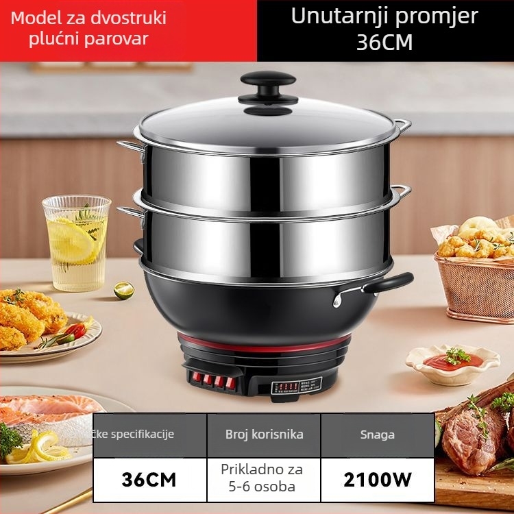 Električni wok s neprijanjajućim premazom, debeli lijevani lonac za kuhanje, kuhanje na paru i dinstanje u jednom