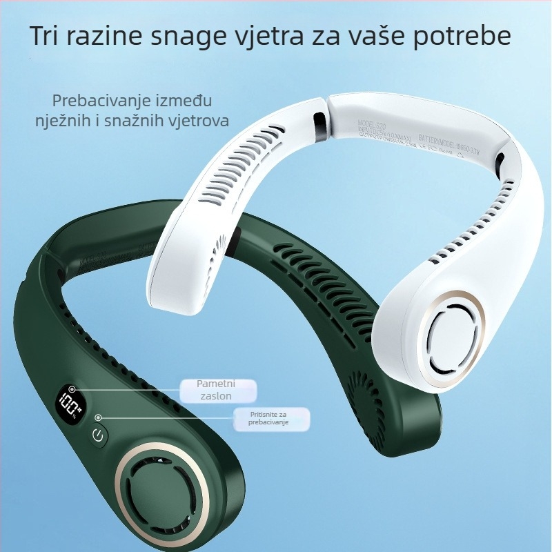 USB ventilator za vrat, 3 brzine, tih rad (36–45 dB), 3.7V 5W, zamjenjiva baterija 1200–2000 mAh