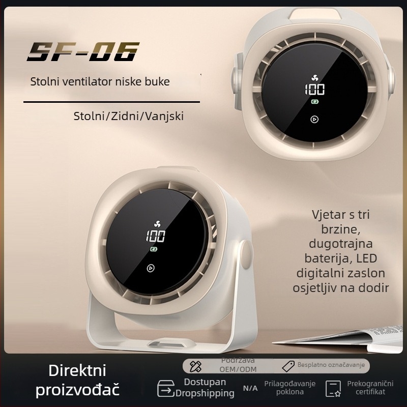 USB stolni ventilator bez lopatica s LED zaslonom, dodirno upravljanje, punjiva baterija 4000–6000 mAh, prenosni, 3 brzine