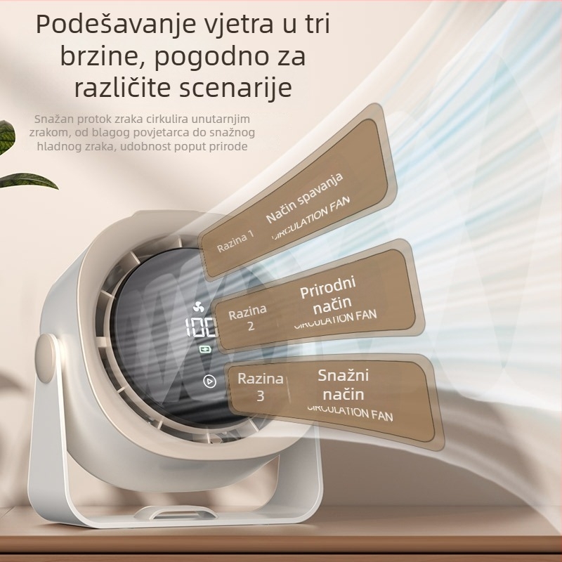 USB stolni ventilator bez lopatica s LED zaslonom, dodirno upravljanje, punjiva baterija 4000–6000 mAh, prenosni, 3 brzine