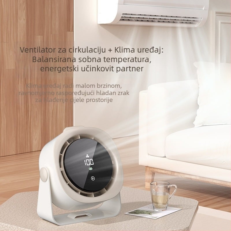 USB stolni ventilator bez lopatica s LED zaslonom, dodirno upravljanje, punjiva baterija 4000–6000 mAh, prenosni, 3 brzine