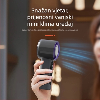 Ručni bezlopatni ventilator s USB punjenjem i termoelektričnim hlađenjem, kompaknih dimenzija 145×59×55 mm, težina 251 g, ugrađena baterija 2000–4000 mAh, 3 brzine, tih rad