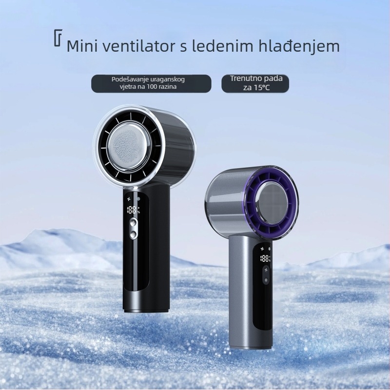 Ručni bezlopatni ventilator s USB punjenjem i termoelektričnim hlađenjem, kompaknih dimenzija 145×59×55 mm, težina 251 g, ugrađena baterija 2000–4000 mAh, 3 brzine, tih rad
