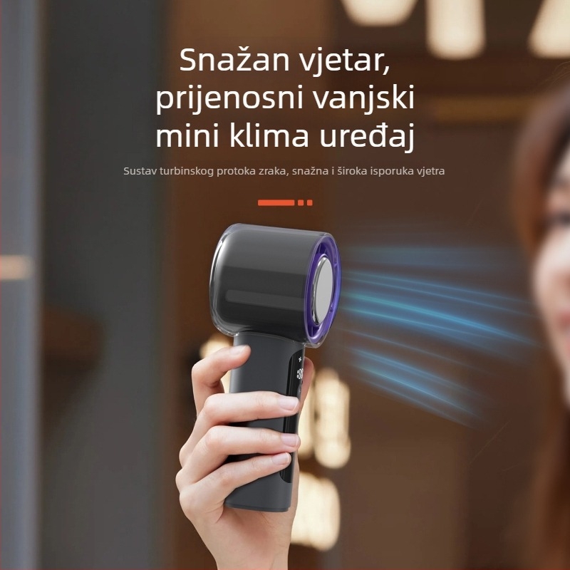 Ručni bezlopatni ventilator s USB punjenjem i termoelektričnim hlađenjem, kompaknih dimenzija 145×59×55 mm, težina 251 g, ugrađena baterija 2000–4000 mAh, 3 brzine, tih rad