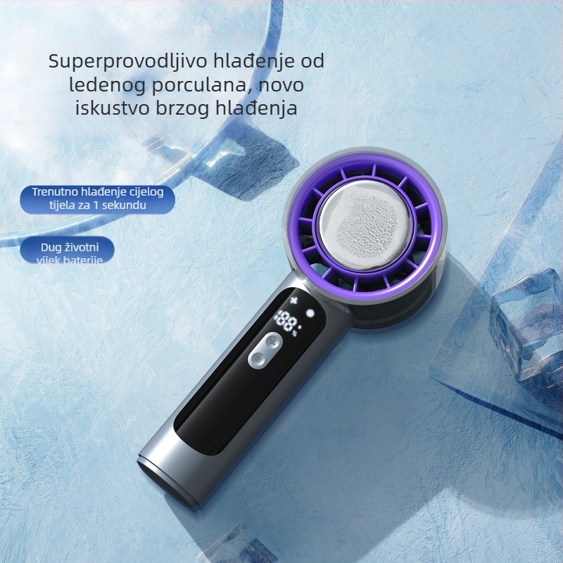 Ručni bezlopatni ventilator s USB punjenjem i termoelektričnim hlađenjem, kompaknih dimenzija 145×59×55 mm, težina 251 g, ugrađena baterija 2000–4000 mAh, 3 brzine, tih rad