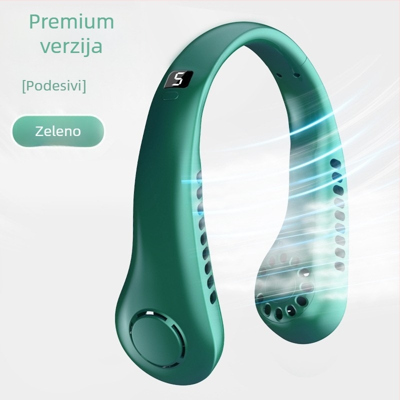 USB ventilator za vratom s digitalnim zaslonom, 5 brzina, ugrađena baterija 1200-2000 mAh, buka ispod 36 dB, 5V/5W, 6+ lopatica