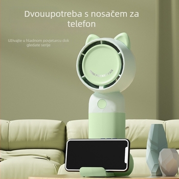 Ručni USB punjivi ventilator s karikaturnom turbinskom dizajnom i dizajnom medvjeđih ušiju, 3 brzine, brushless motor, ugrađena baterija 300–500 mAh, držač za telefon