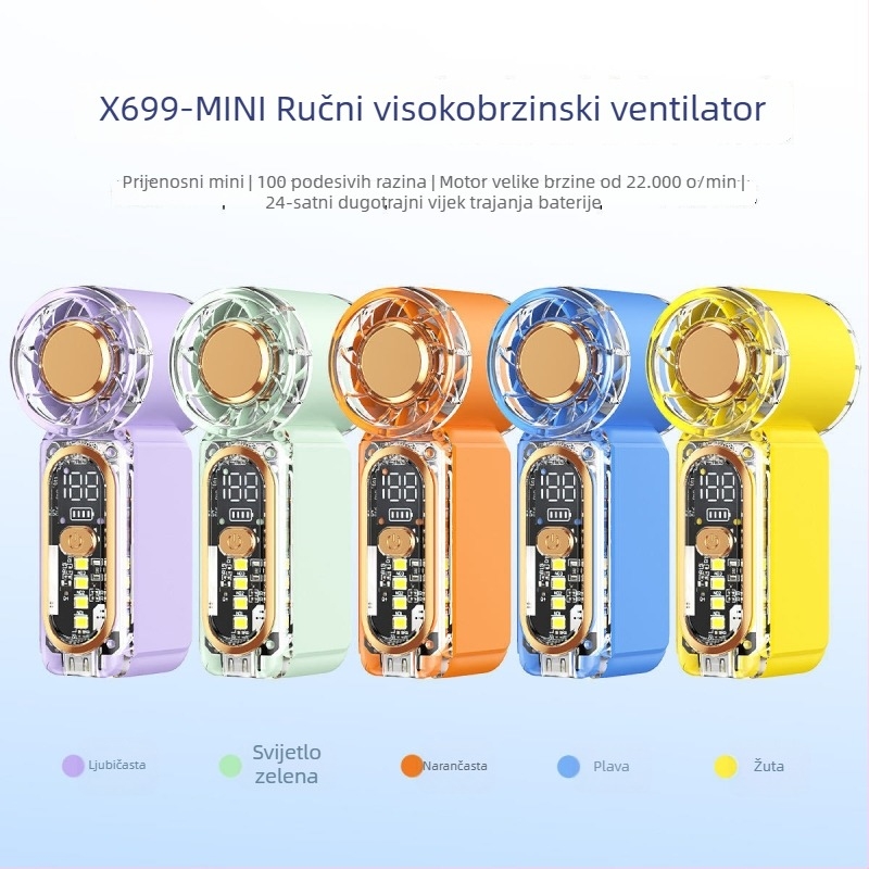 X699 Mini ručni ventilator visoke brzine, USB punjenje, ugrađena baterija, 5 brzina, prenosni za vanjsku upotrebu