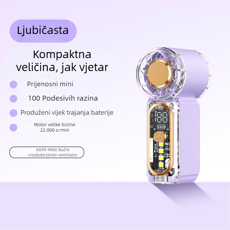 X699 Mini ručni ventilator visoke brzine, USB punjenje, ugrađena baterija, 5 brzina, prenosni za vanjsku upotrebu