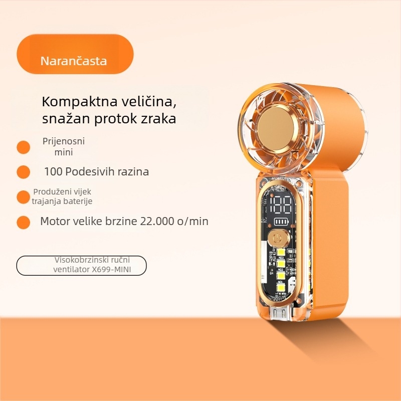 X699 Mini ručni ventilator visoke brzine, USB punjenje, ugrađena baterija, 5 brzina, prenosni za vanjsku upotrebu