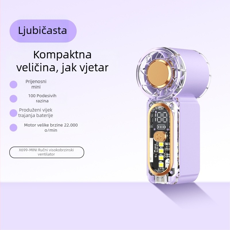 X699 Mini ručni ventilator visoke brzine, USB punjenje, ugrađena baterija, 5 brzina, prenosni za vanjsku upotrebu