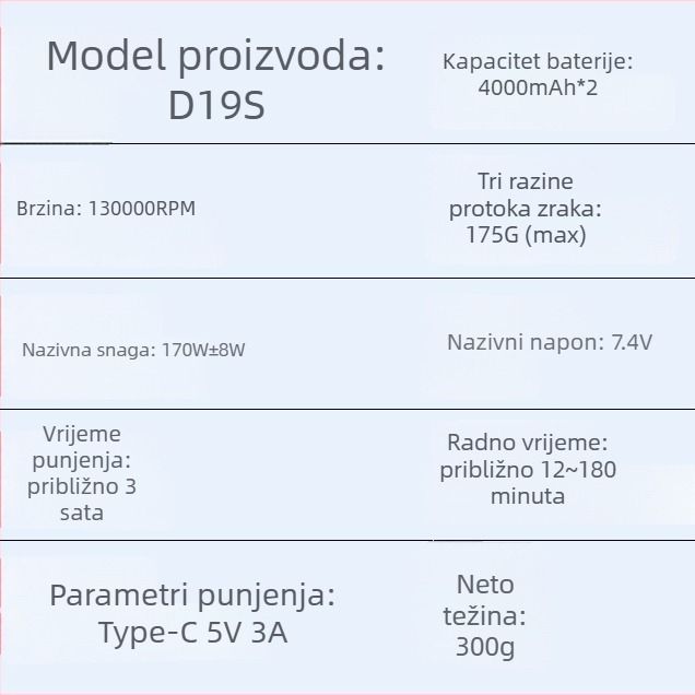 D19S ručni vanjski puhač zraka, punjiva Li-ion baterija, 12V, serija D19S