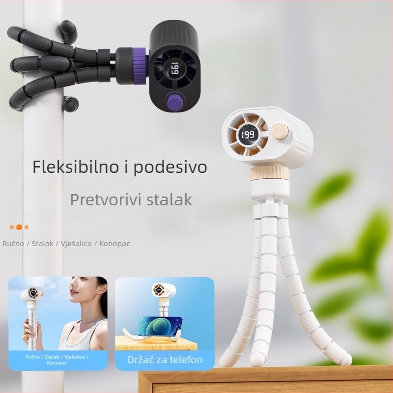 Ručni bezlopatni mini ventilator s USB napajanjem, brushless motor, nepostepena regulacija brzine, ugrađena baterija 1200–2000 mAh