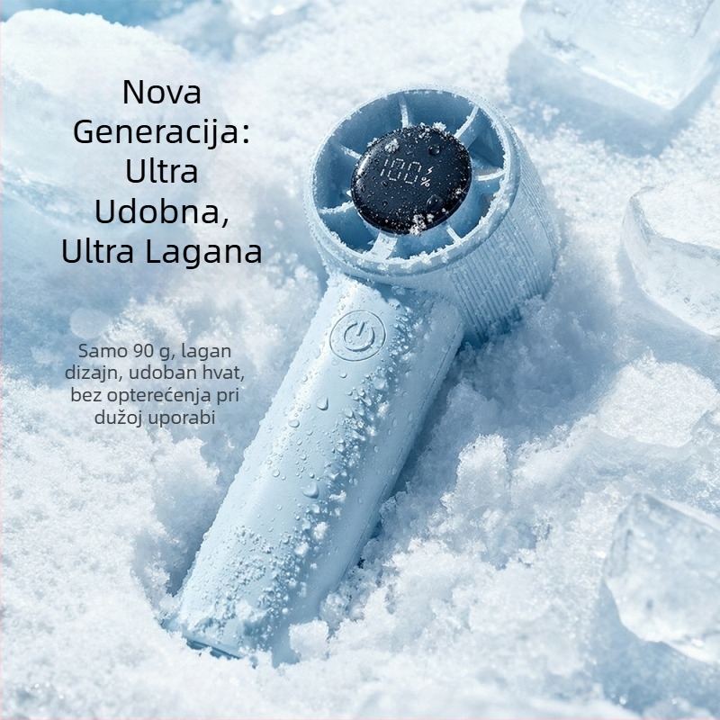 Ručni bezčetkasti ventilator, USB punjiv, motor bez četkica, ugrađena baterija 1200–2000 mAh, 5 brzina, težina 90 g