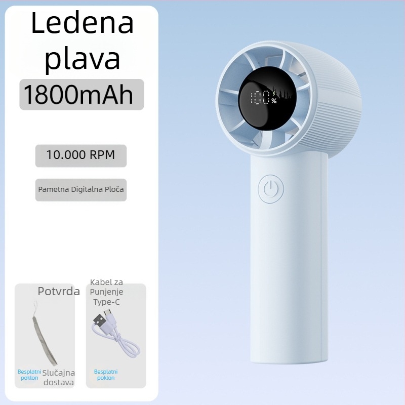Ručni bezčetkasti ventilator, USB punjiv, motor bez četkica, ugrađena baterija 1200–2000 mAh, 5 brzina, težina 90 g