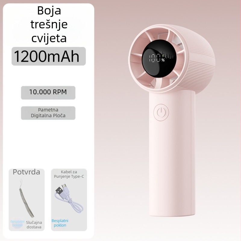 Ručni bezčetkasti ventilator, USB punjiv, motor bez četkica, ugrađena baterija 1200–2000 mAh, 5 brzina, težina 90 g