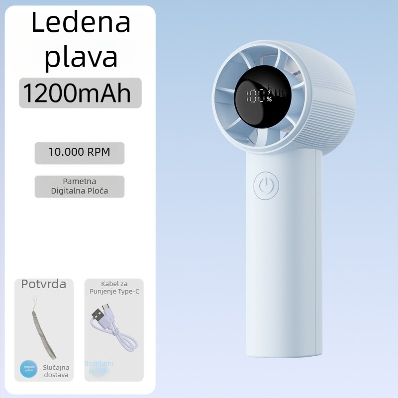 Ručni bezčetkasti ventilator, USB punjiv, motor bez četkica, ugrađena baterija 1200–2000 mAh, 5 brzina, težina 90 g