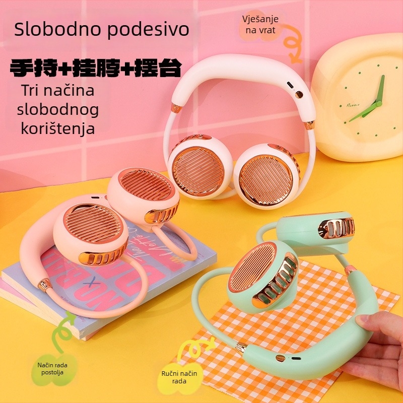 USB punjivi ventilator za vrat, prenosni za vanjsku upotrebu, 3 brzine, zamjenjiva baterija 1000–1200 mAh