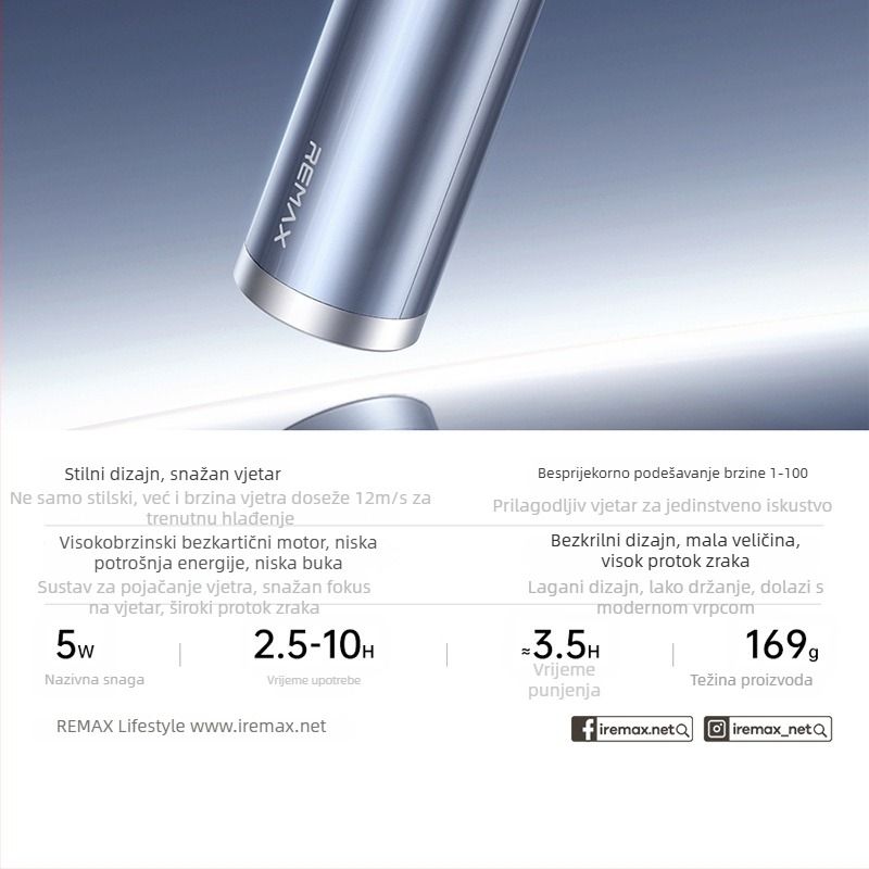 Remax Turbo Vortex ručni bezlopatni ventilator, USB punjenje, 100 razina brzine, tih ispod 36 dB, ugrađena litijska baterija 2000–4000 mAh