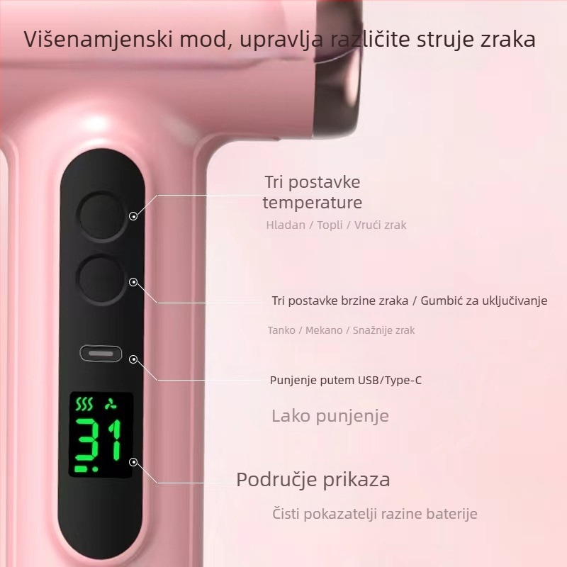 Bežični USB sušilo za kosu, bezčetkasti motor, 200 W, 5 V, 3 brzine, hladan/topli zrak