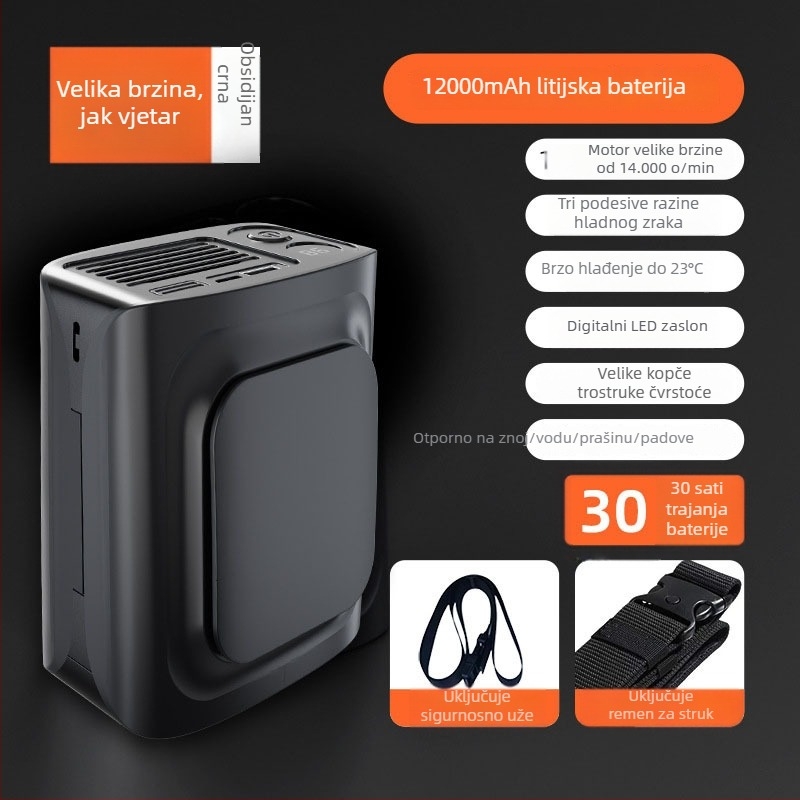 12000mAh pojasni ventilator bez lopatica, USB punjivi, prijenosni za vanjsku upotrebu, 3 brzine