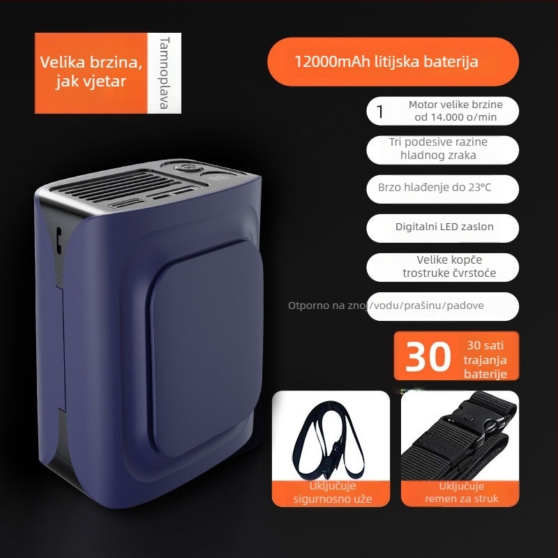 12000mAh pojasni ventilator bez lopatica, USB punjivi, prijenosni za vanjsku upotrebu, 3 brzine
