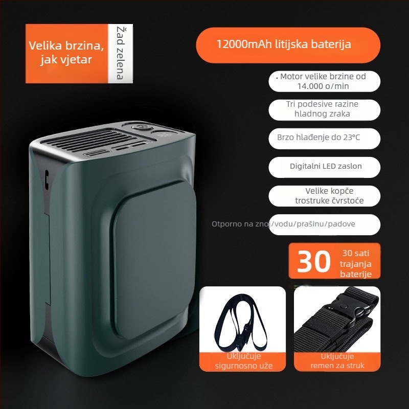 12000mAh pojasni ventilator bez lopatica, USB punjivi, prijenosni za vanjsku upotrebu, 3 brzine