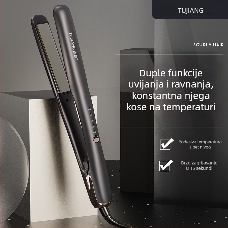 Dvostrano namijenjena pegla za kosu s titanijskom legiranim grijaćom pločom, 5 razina temperature, 50W, kabelsko napajanje 110–220V