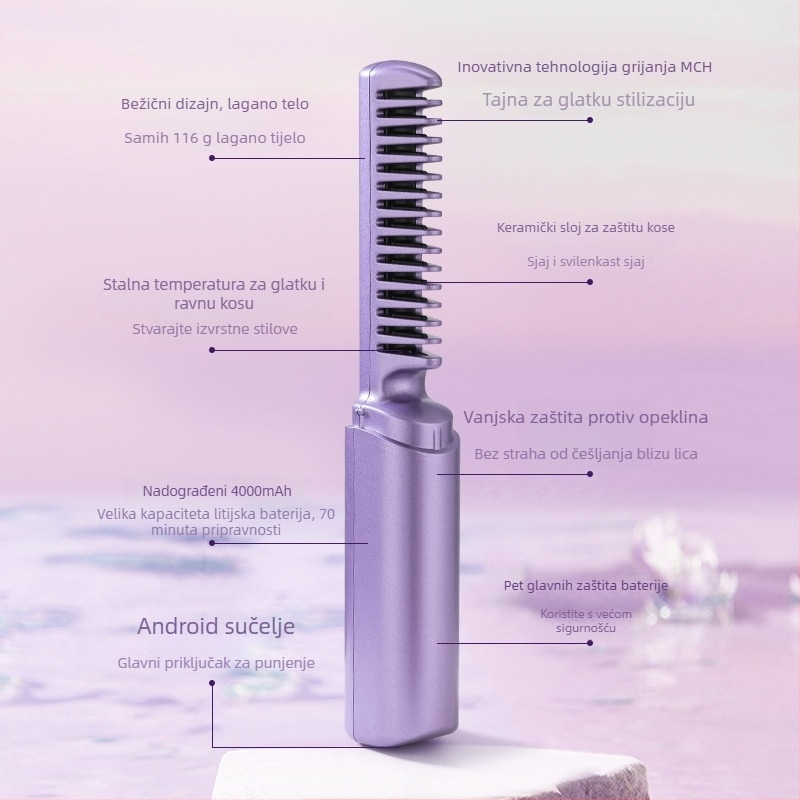 Bežični češalj za kosu s negativnim ionima, turmalin-keramičko grijanje, promjer 31 mm+, 15 stupnjeva regulacije temperature