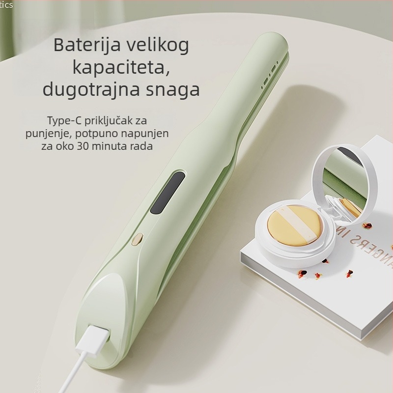 2-u-1 bežični curling i ravnanje, mini ploče s keramičkim premazom, toplinski element ispod 15 mm, litij baterija, višestruka regulacija temperature, brzo stiliziranje 1–2 minute