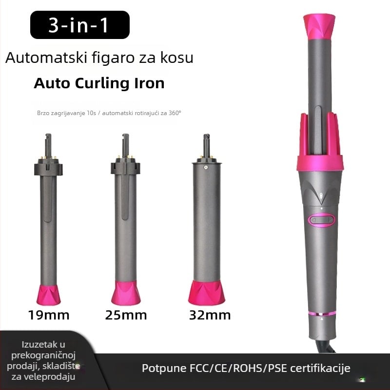 3-u-1 potpuno automatski uvijač za kosu s turmalin-keramikom, regulacija temperature u 3 stupnja, 100–240V, 45W, automatsko isključivanje