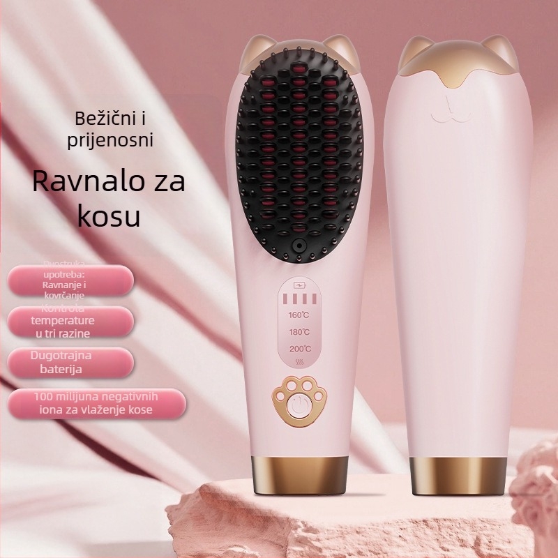 Bežični keramički češalj za ravnanje kose s negativnim ionima, 2-u-1 za kovrčanje i ravnanje