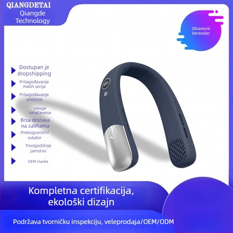 Prijenosni ventilator za vrat s USB punjenjem, tih, s digitalnim zaslonom, 3 brzine