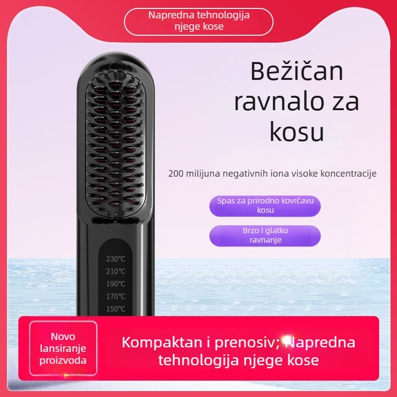 Bežični češalj za ravnanje kose sa negativnim ionima, USB punjenje, prenosan za studentske domove