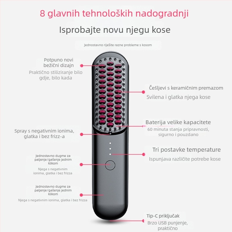 Bežični češalj za izravnavanje kose s negativnim ionima, keramički grijač, 30 W, 220 V, 3-stupanjska kontrola temperature, dvostruka namjena – ravnanje i uvijanje