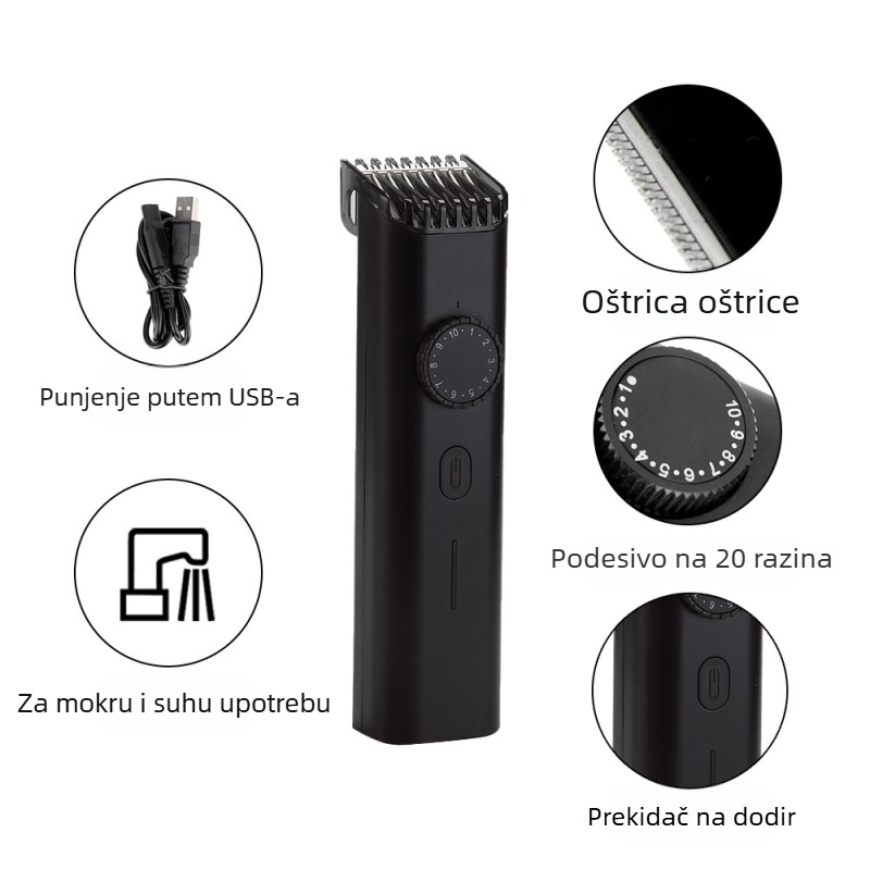 Električni šišač kose, četkasti motor, oštrica od titanijskog legura, ugrađena baterija, radno vrijeme 0–1 h, buka 36–45 dB