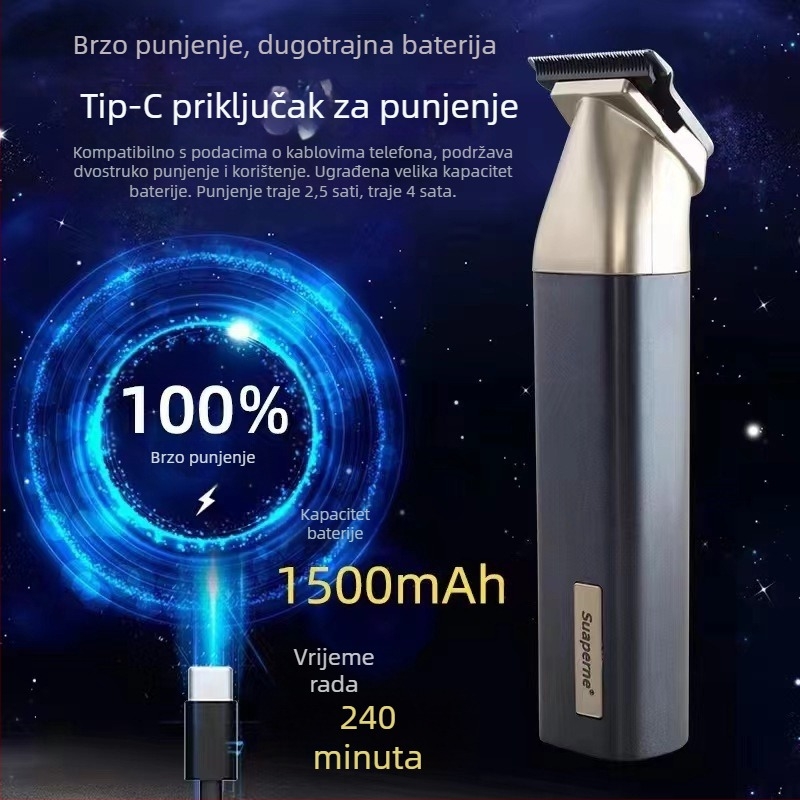 Električni klipper za kosu s keramičkom glavom noža, ugrađena baterija 1200–2000mAh, radno vrijeme 1–3 h