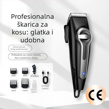 Profesionalni električni aparat za šišanje kose s punjivom baterijom, četkasti motor, oštrica od nehrđajućeg čelika, ugrađena baterija 1200–2000 mAh, radno vrijeme 1–3 h