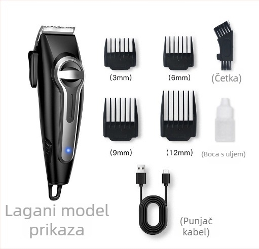 Profesionalni električni aparat za šišanje kose s punjivom baterijom, četkasti motor, oštrica od nehrđajućeg čelika, ugrađena baterija 1200–2000 mAh, radno vrijeme 1–3 h