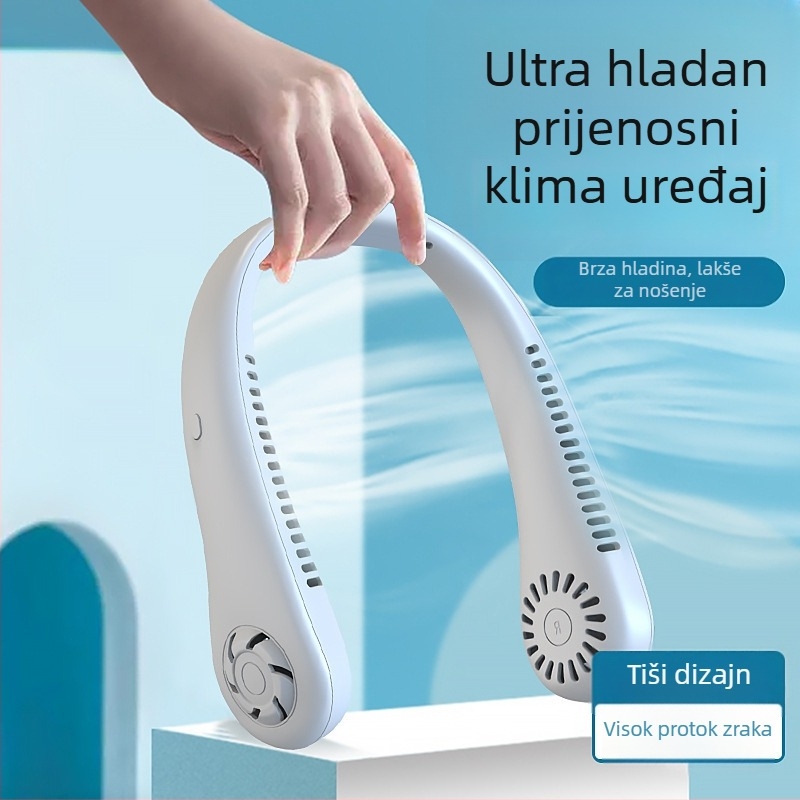 Ventilator za vrat bez lopatica, USB punjiv, prirodni vjetar, tih <36 dB, baterija 500–800 mAh, trajanje >12h