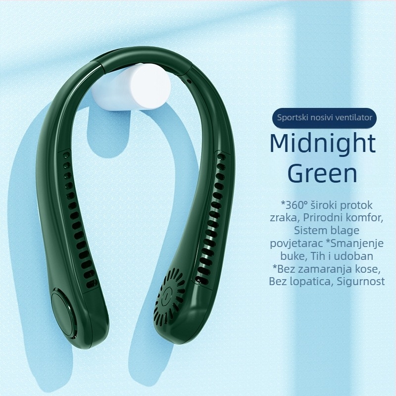 Ventilator za vrat bez lopatica, USB punjiv, prirodni vjetar, tih <36 dB, baterija 500–800 mAh, trajanje >12h