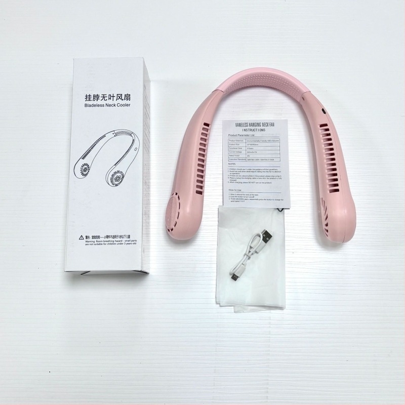 Ventilator za vrat bez lopatica, USB punjiv, prirodni vjetar, tih <36 dB, baterija 500–800 mAh, trajanje >12h