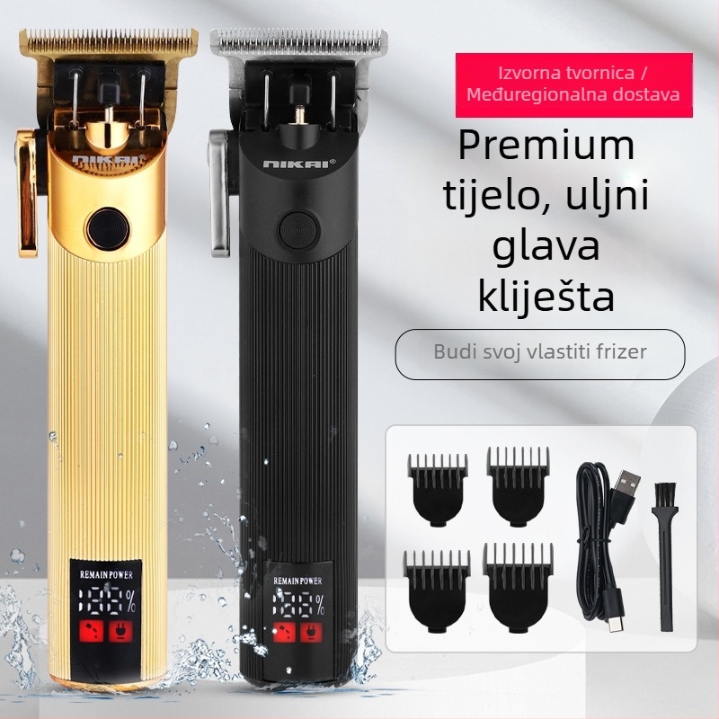 Električni kliper za kosu s bezčetkasti motorom, glavom za rezanje od nehrđajućeg čelika, ugrađena baterija, autonomija 1–3 sata